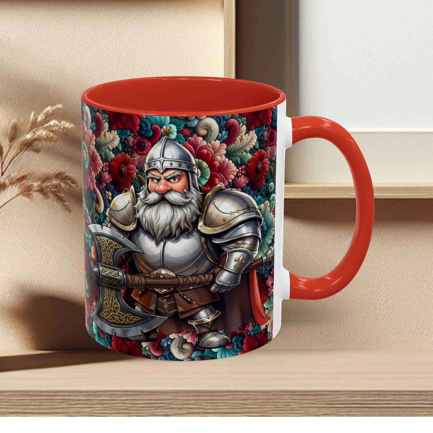 Adventurers Accent Coffee Mug — Dwarf within Armor with a Double-Bladed Battle Axe Design (11/15oz)