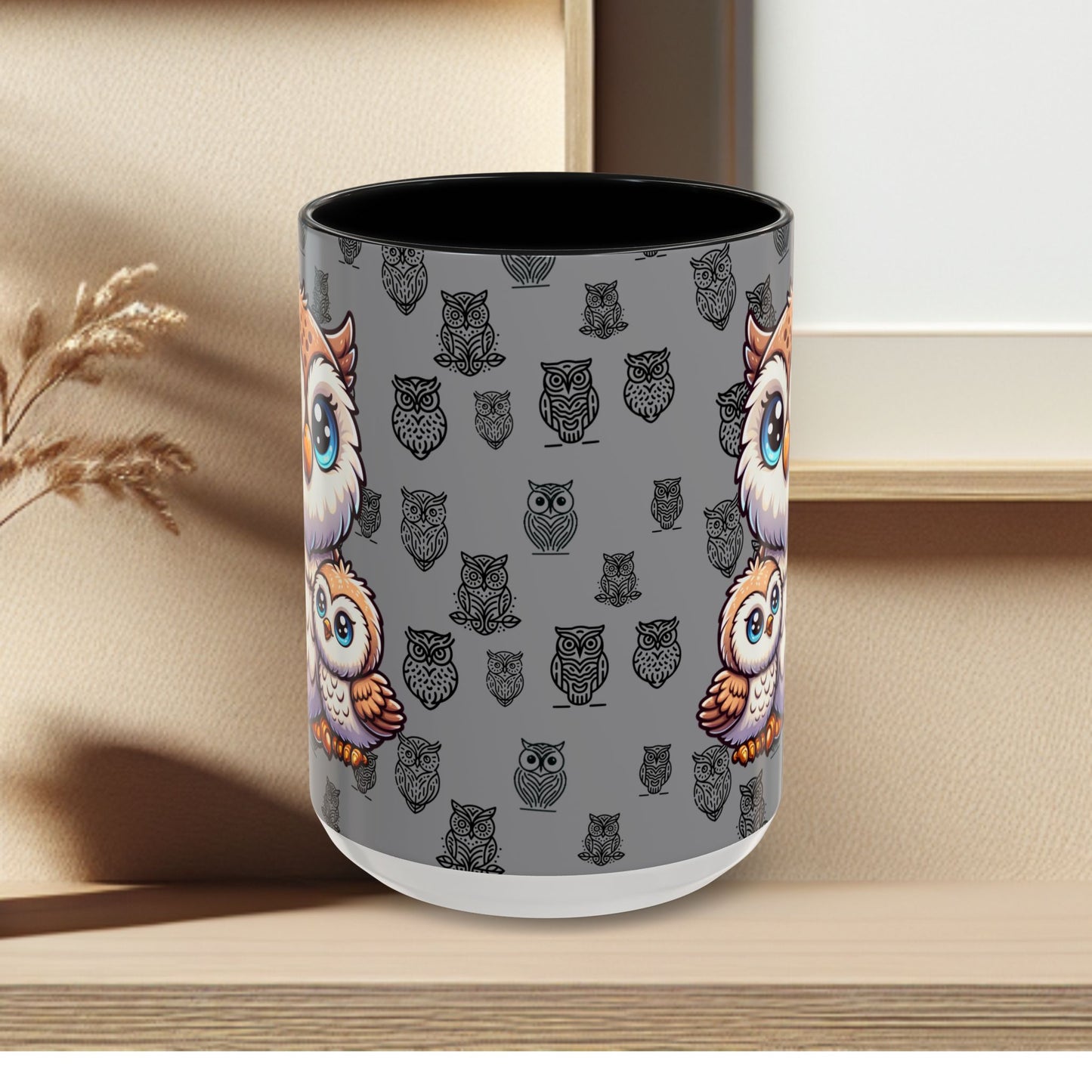 Gray Coffee Mug - Owl Family - Colorful Inspirational Owl Design