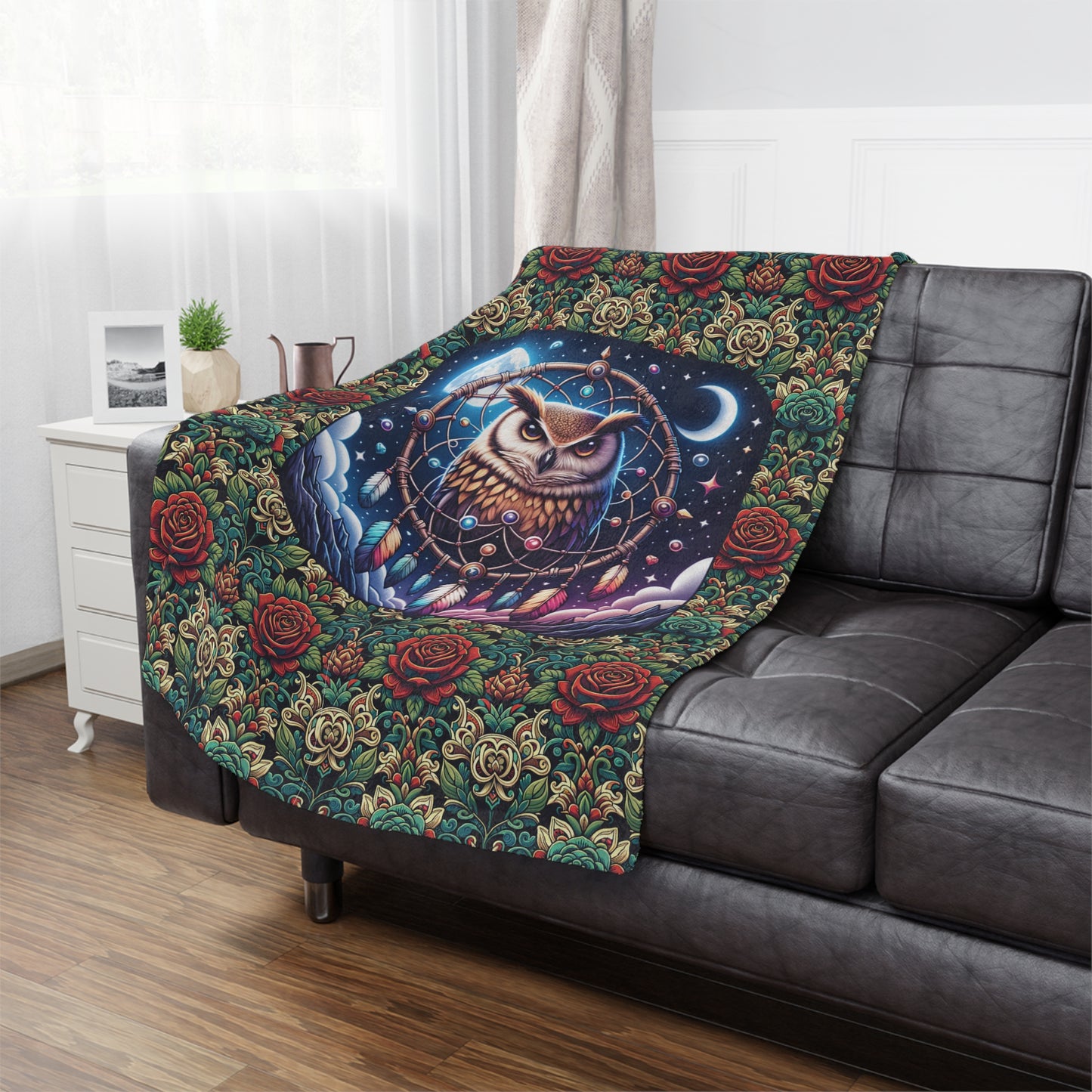 Owl Dreamcatcher Minky Blanket – Boho Night Sky Throw with Roses