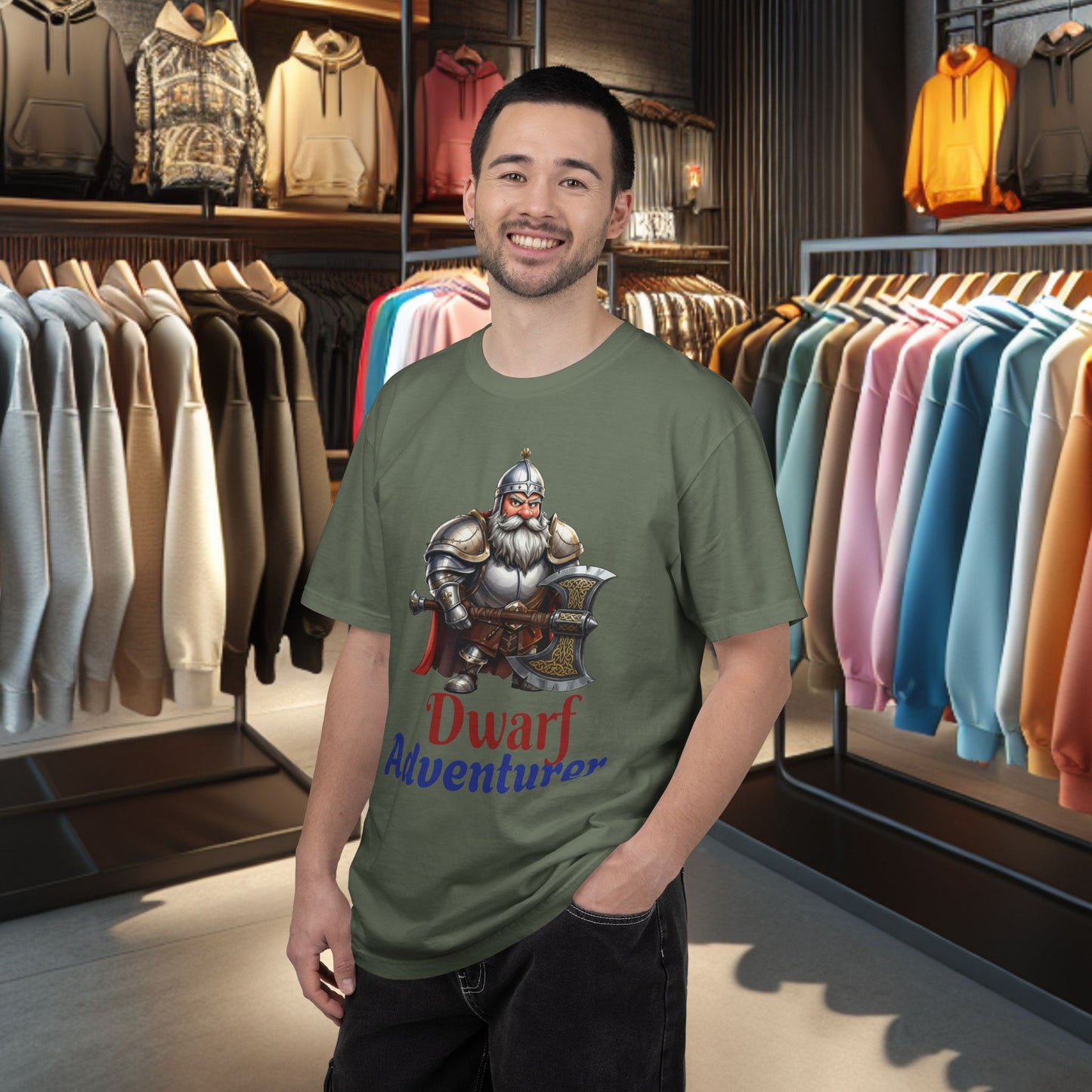 Dwarf Adventurer Tee — Dwarf with Armor and Battle Axe Graphic T-Shirt