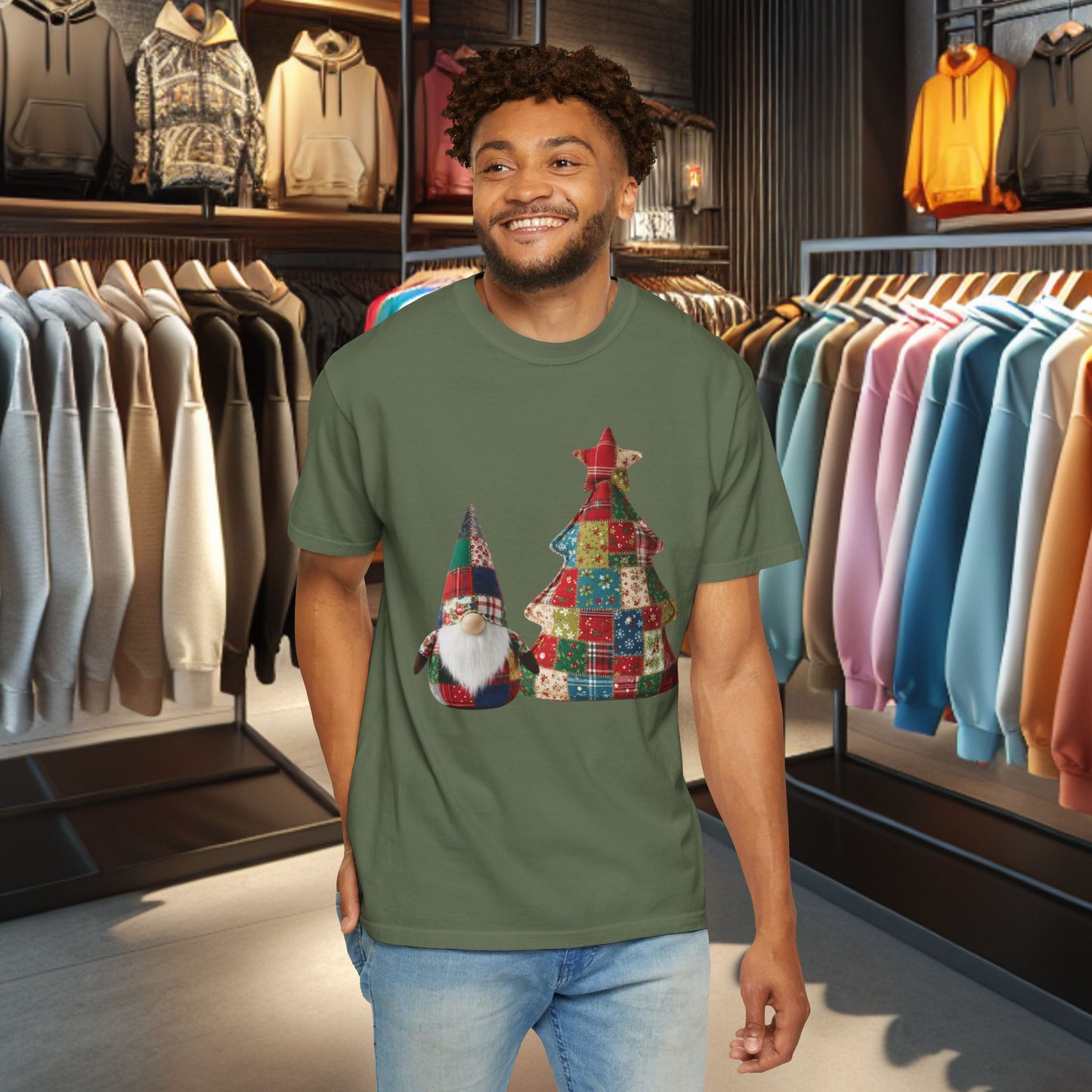 Patchwork Gnome and Christmas Tree, Garment-Dyed T-Shirt — pho Patchwork Festive Top