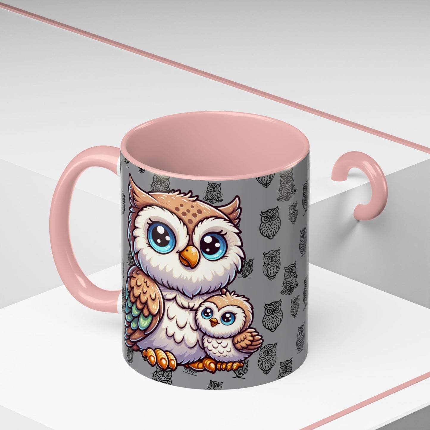 Gray Coffee Mug - Owl Family - Colorful Inspirational Owl Design