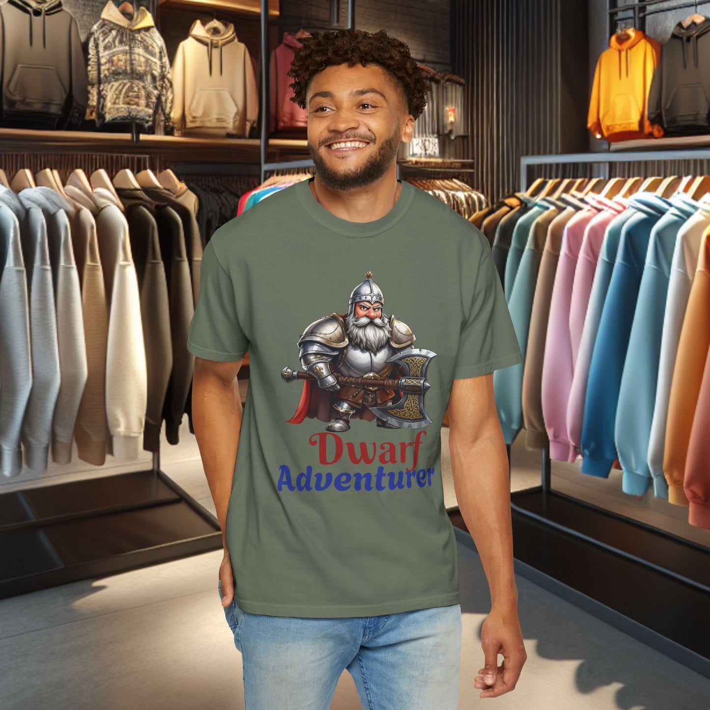 Dwarf Adventurer Tee — Dwarf with Armor and Battle Axe Graphic T-Shirt