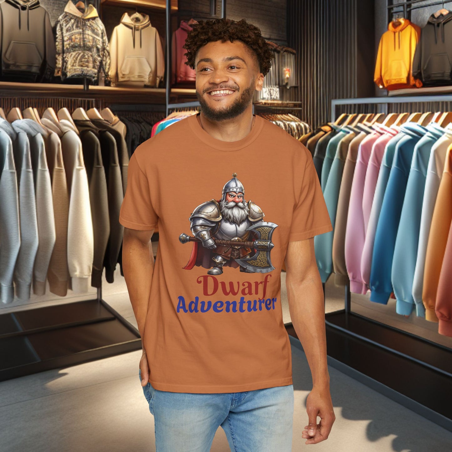 Dwarf Adventurer Tee — Dwarf with Armor and Battle Axe Graphic T-Shirt