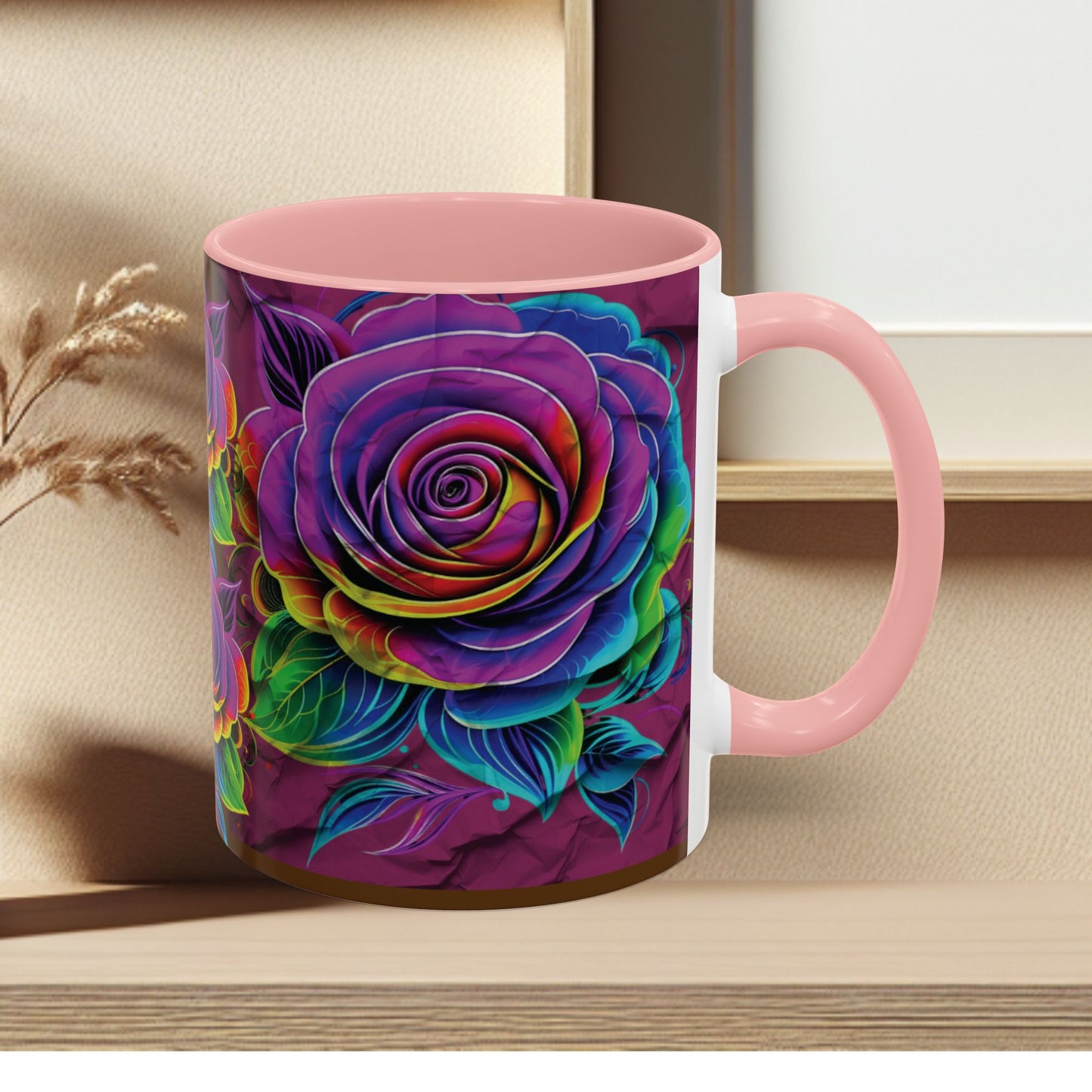 Rainbow Rose Accent Coffee Mug — Colorful Floral 11/15oz
