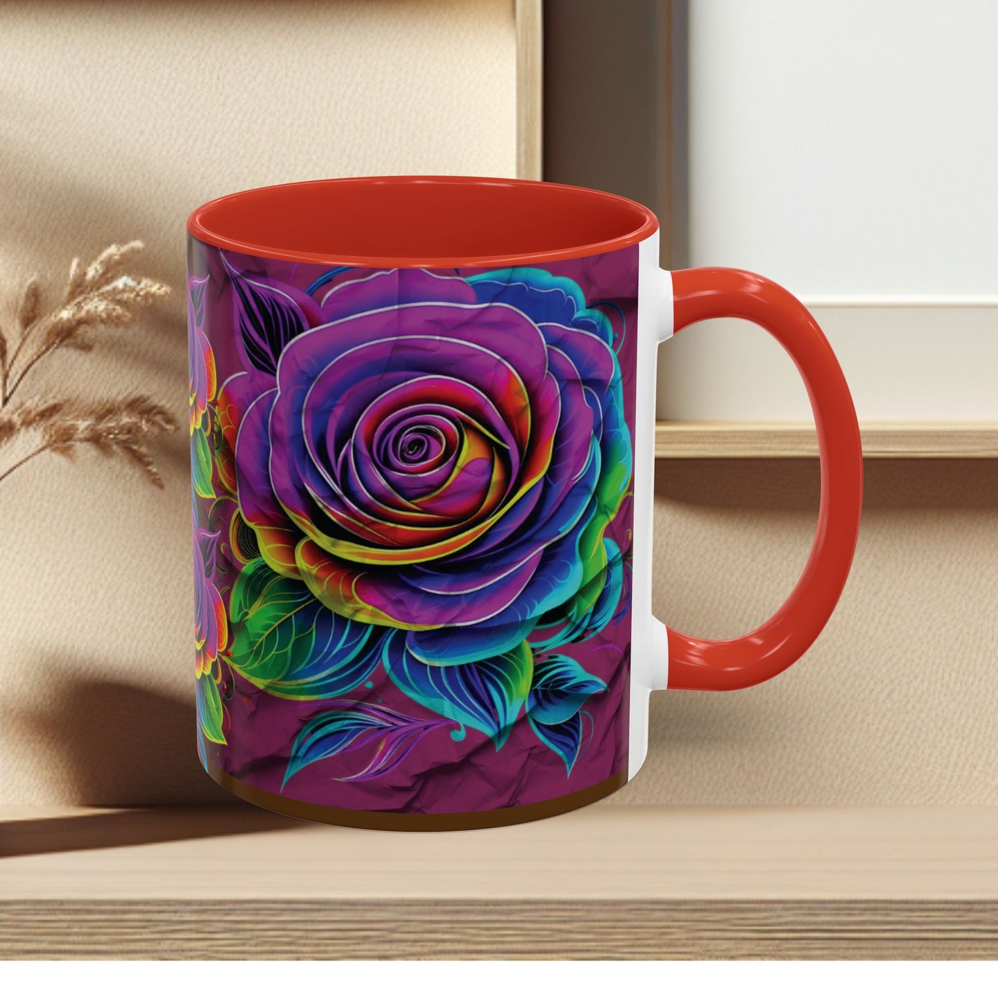 Rainbow Rose Accent Coffee Mug — Colorful Floral 11/15oz