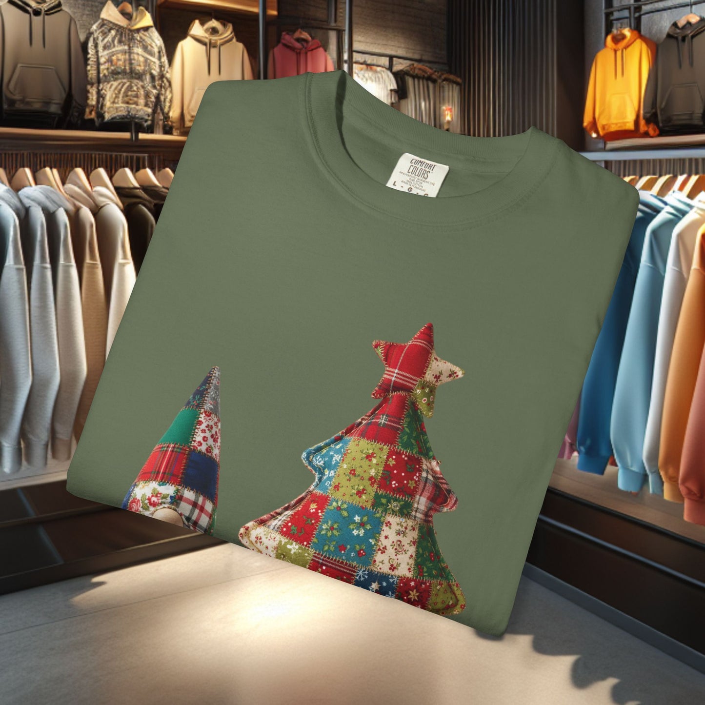 Patchwork Gnome and Christmas Tree, Garment-Dyed T-Shirt — pho Patchwork Festive Top