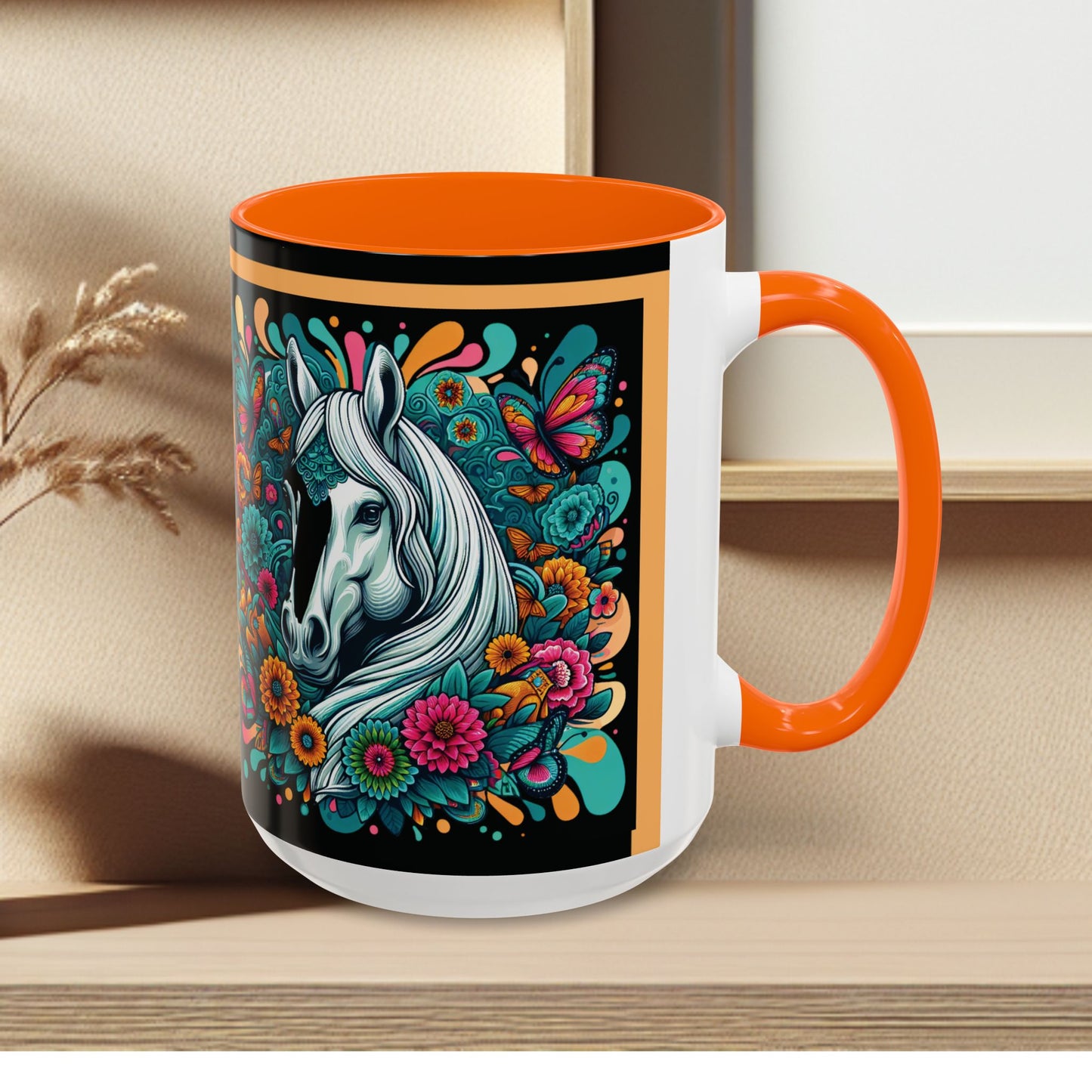 Coffee Mug White Horses with Blue Highlights in Flowers - Mug
