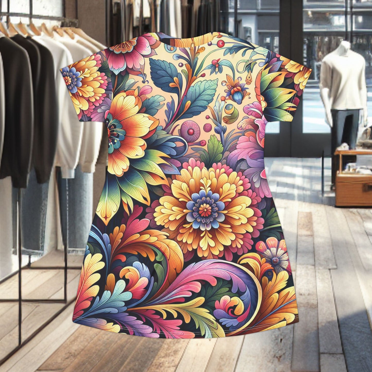 Floral Boho T‑Shirt Dress — Vibrant All‑Over Print