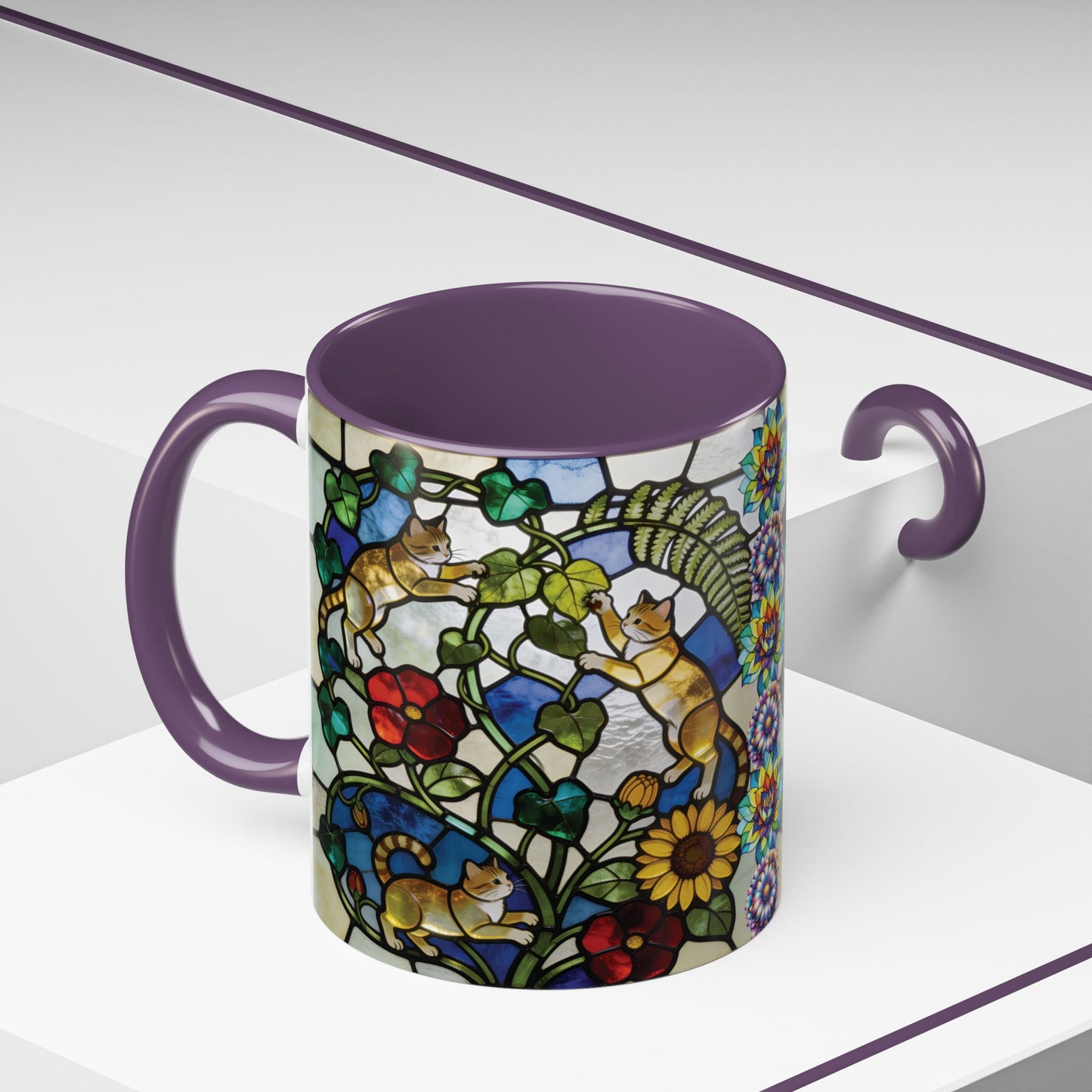 Stained Glass Cats Accent Coffee Mug – Floral Tiffany-Style 11/15oz