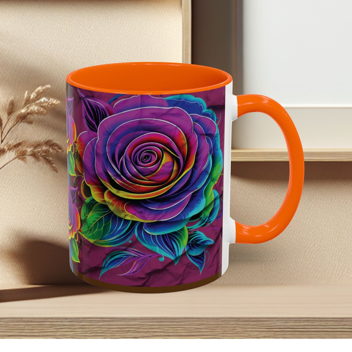 Rainbow Rose Accent Coffee Mug — Colorful Floral 11/15oz
