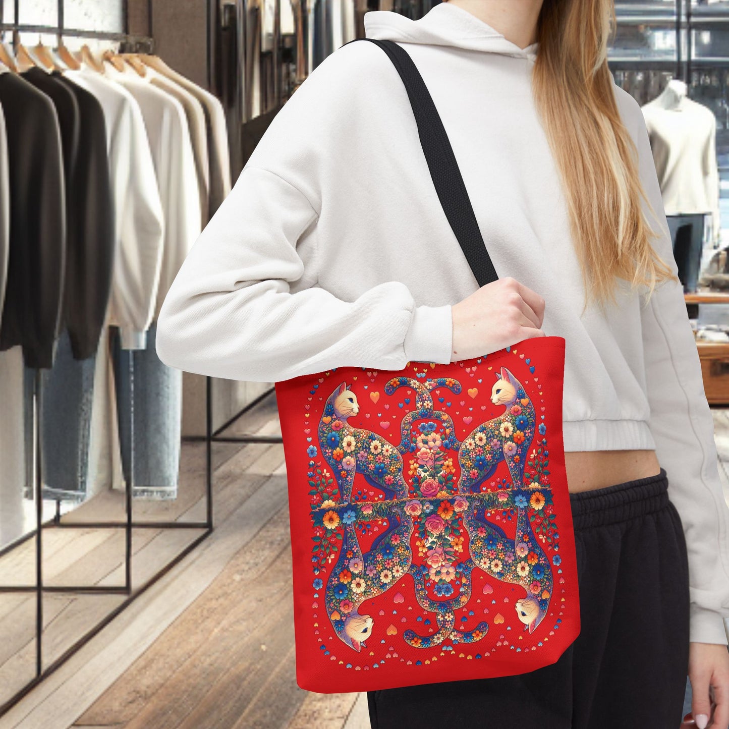 Loving Cat Flower Mozaic Tote Bag Dark Red