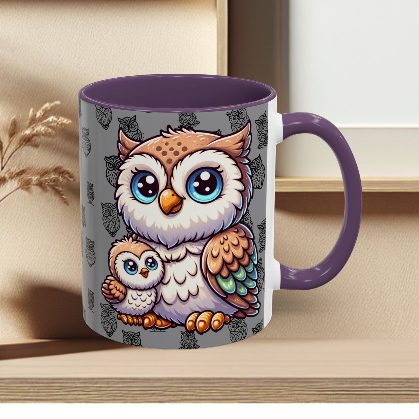 Gray Coffee Mug - Owl Family - Colorful Inspirational Owl Design