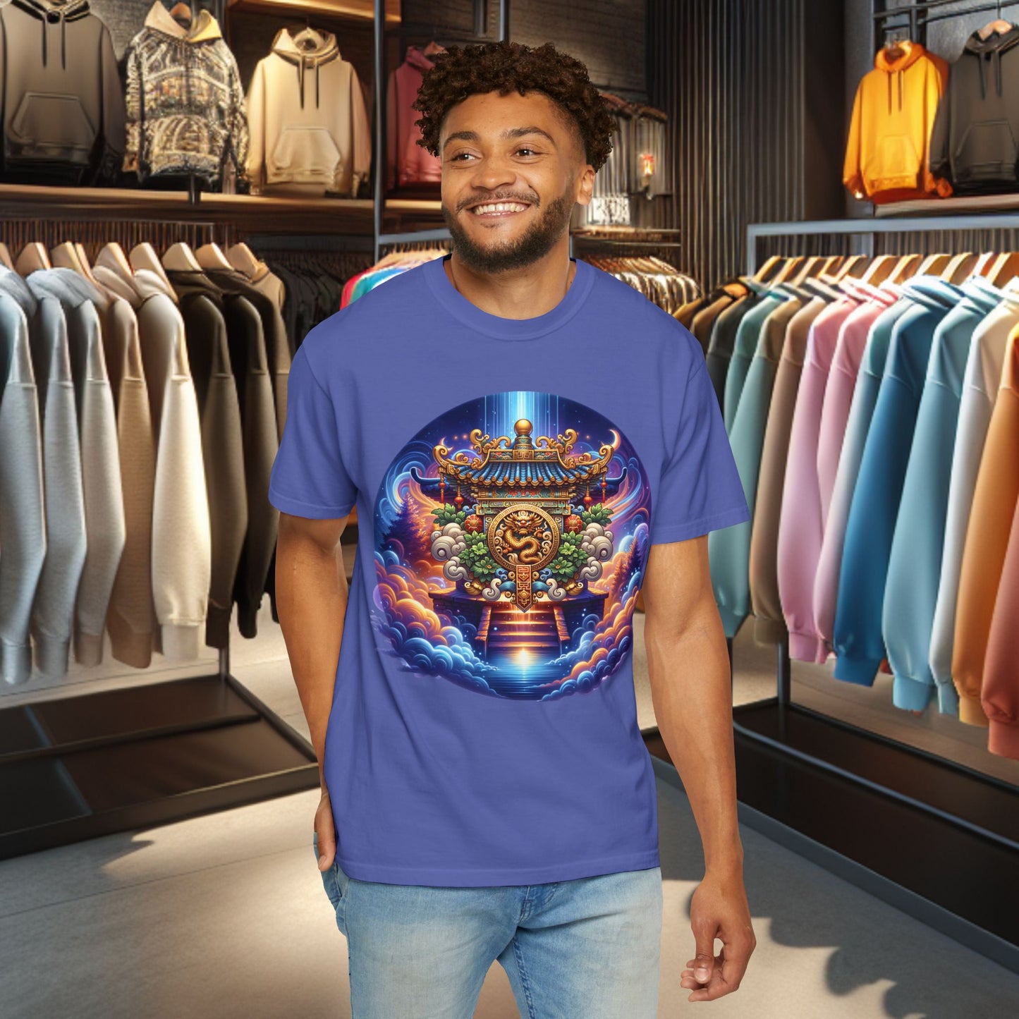 A Vibrant Mistic Temple Design -Unisex Garment-Dyed T-Shirt Perfect for Festivals & Everyday Wear