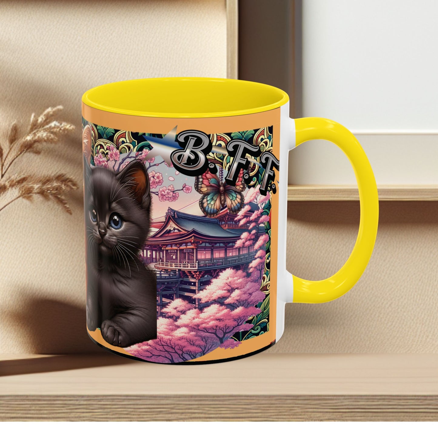 Mug - 3 B F F kittens and Butterflies Coffee Mug with Cherry Blossoms