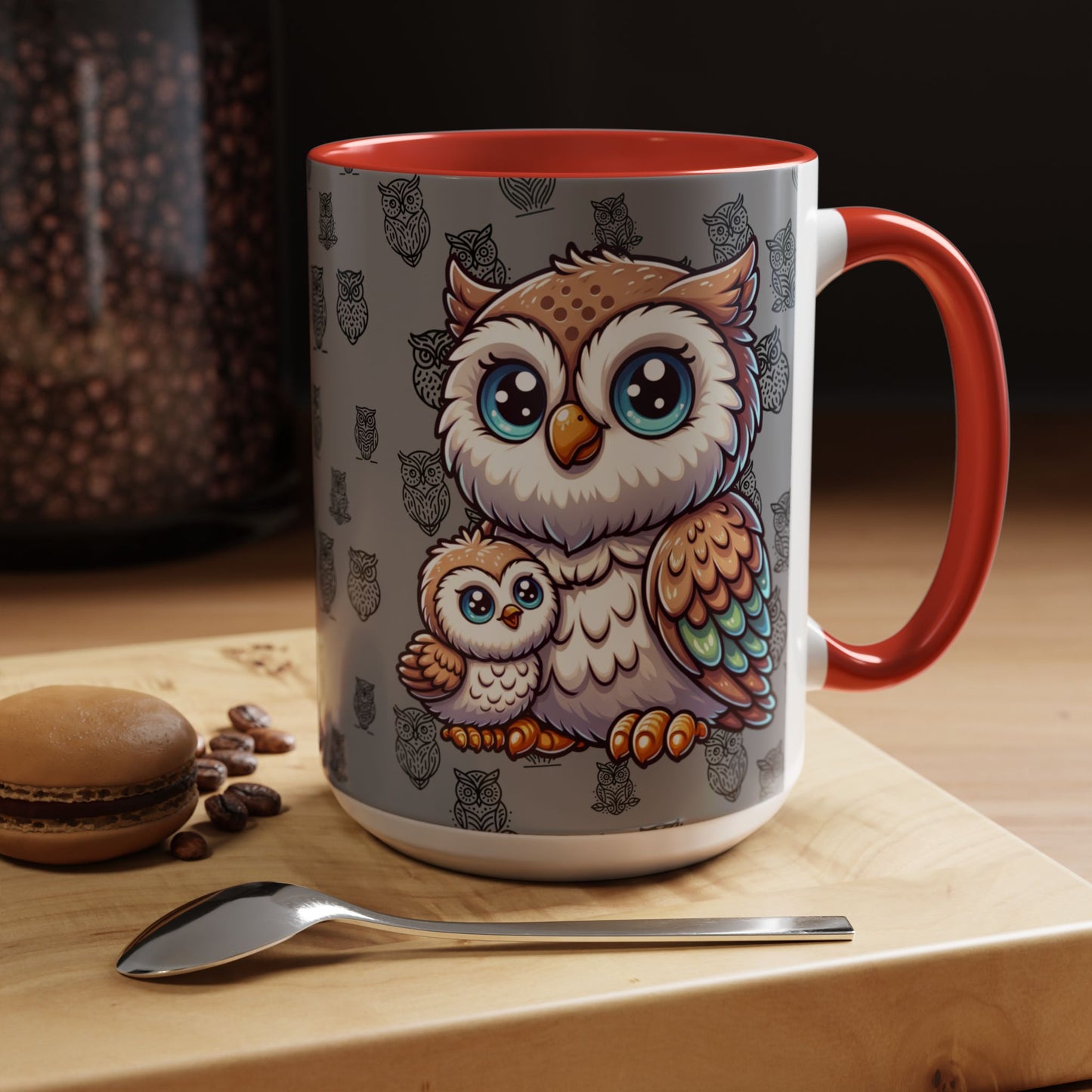 Gray Coffee Mug - Owl Family - Colorful Inspirational Owl Design