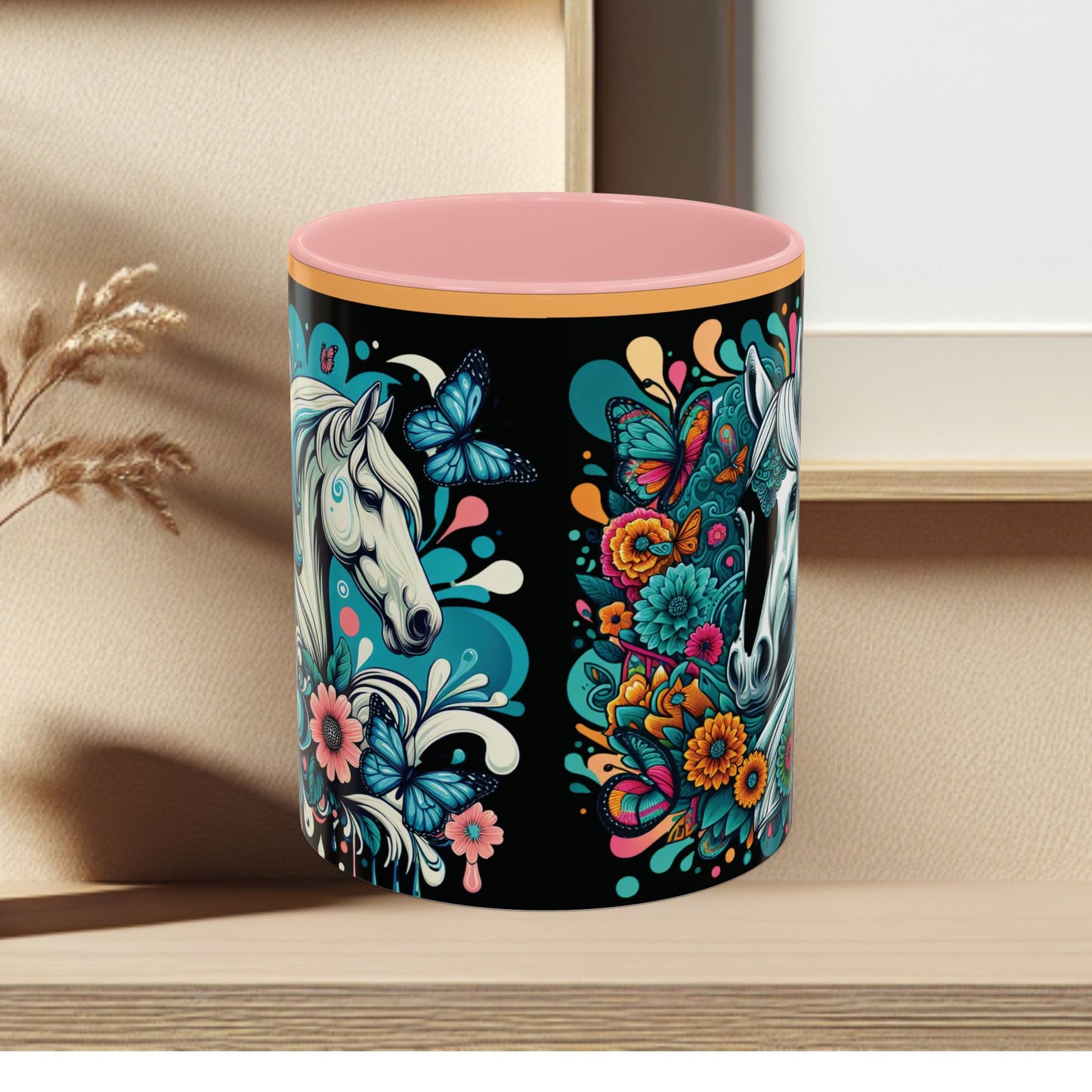 Coffee Mug White Horses with Blue Highlights in Flowers - Mug