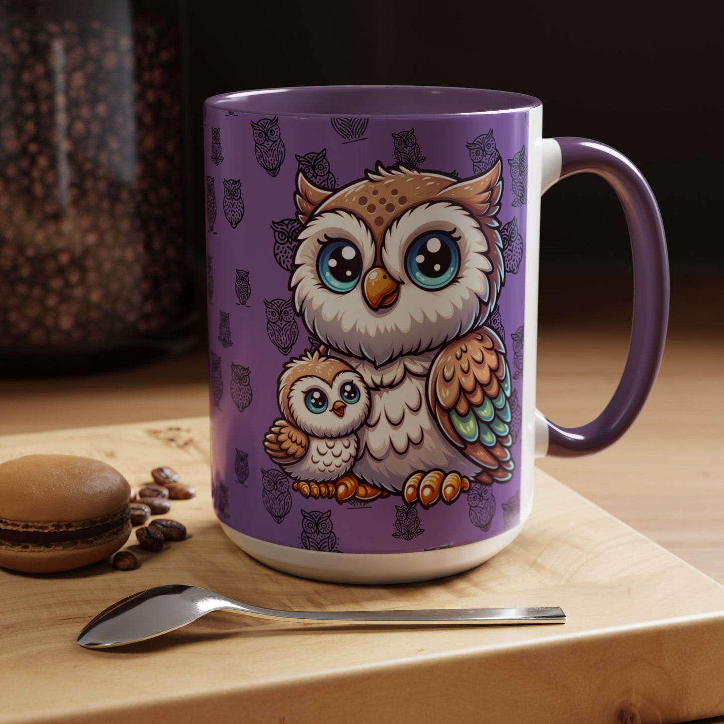 Purple Coffee Mug - Owl Family - Colorful Inspirational Owl Design