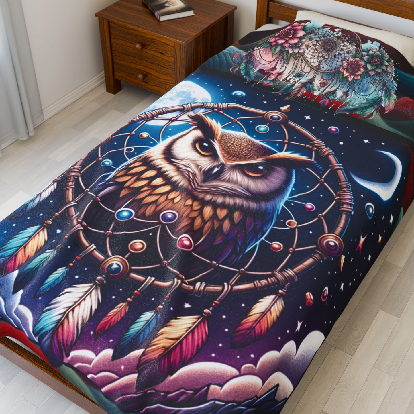 Brown Owl Dreamcatcher Velveteen Plush Blanket — Cozy Owl Throw