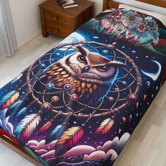 Brown Owl Dreamcatcher Velveteen Plush Blanket — Cozy Owl Throw