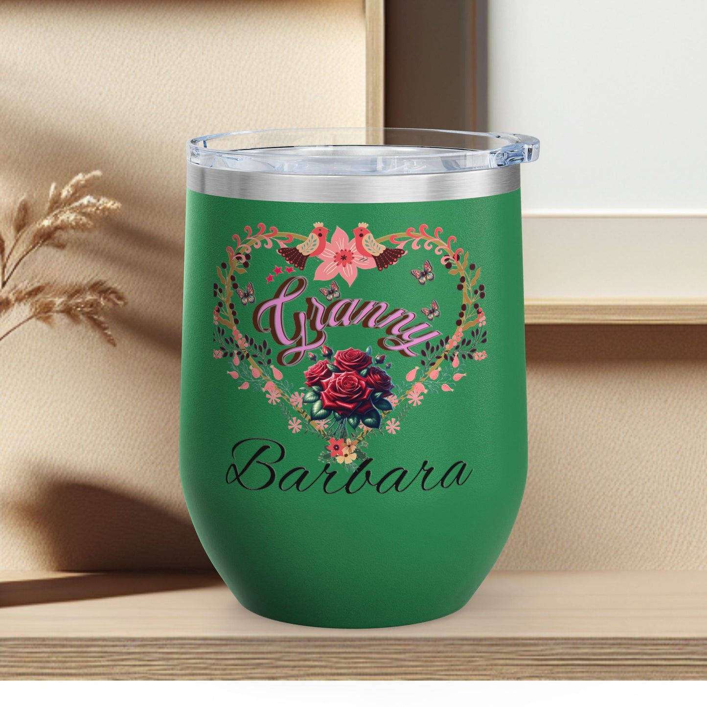 Personalized Grannie’s Wine Tumbler - 12oz Floral Heart Design