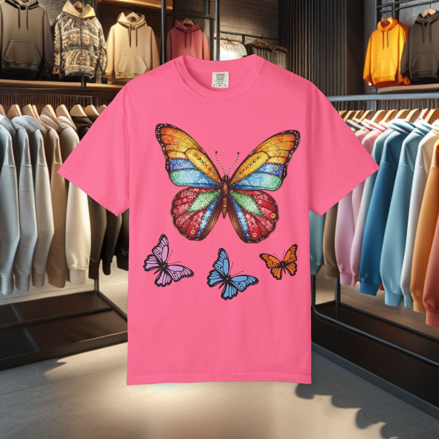 Bright Colorful Patchwork Butterfly T-Shirt — pho Patchwork Garment-Dyed Top
