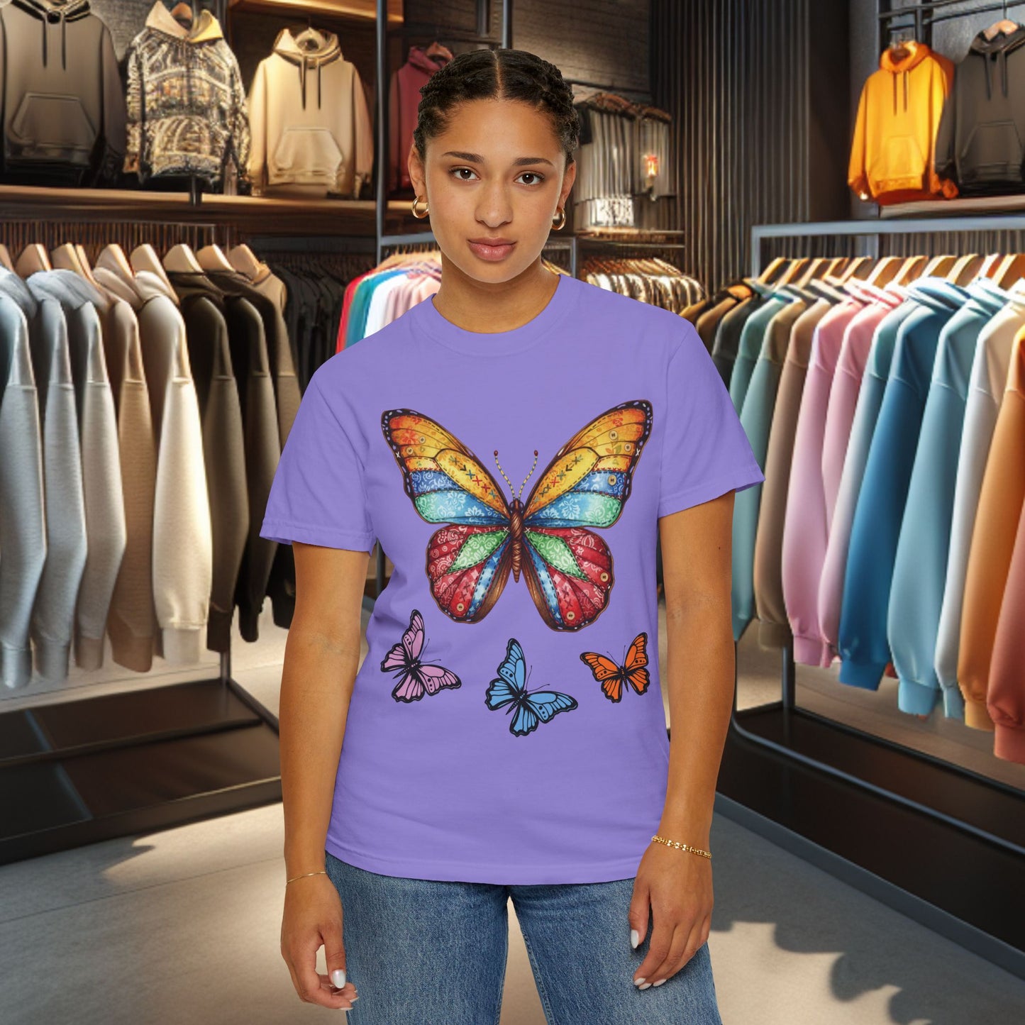 Bright Colorful Patchwork Butterfly T-Shirt — pho Patchwork Garment-Dyed Top