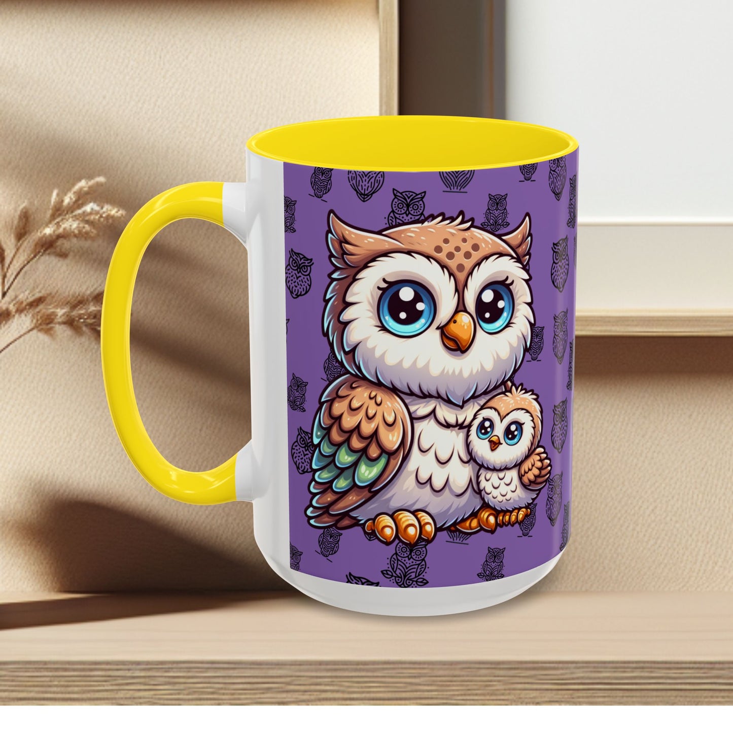 Purple Coffee Mug - Owl Family - Colorful Inspirational Owl Design