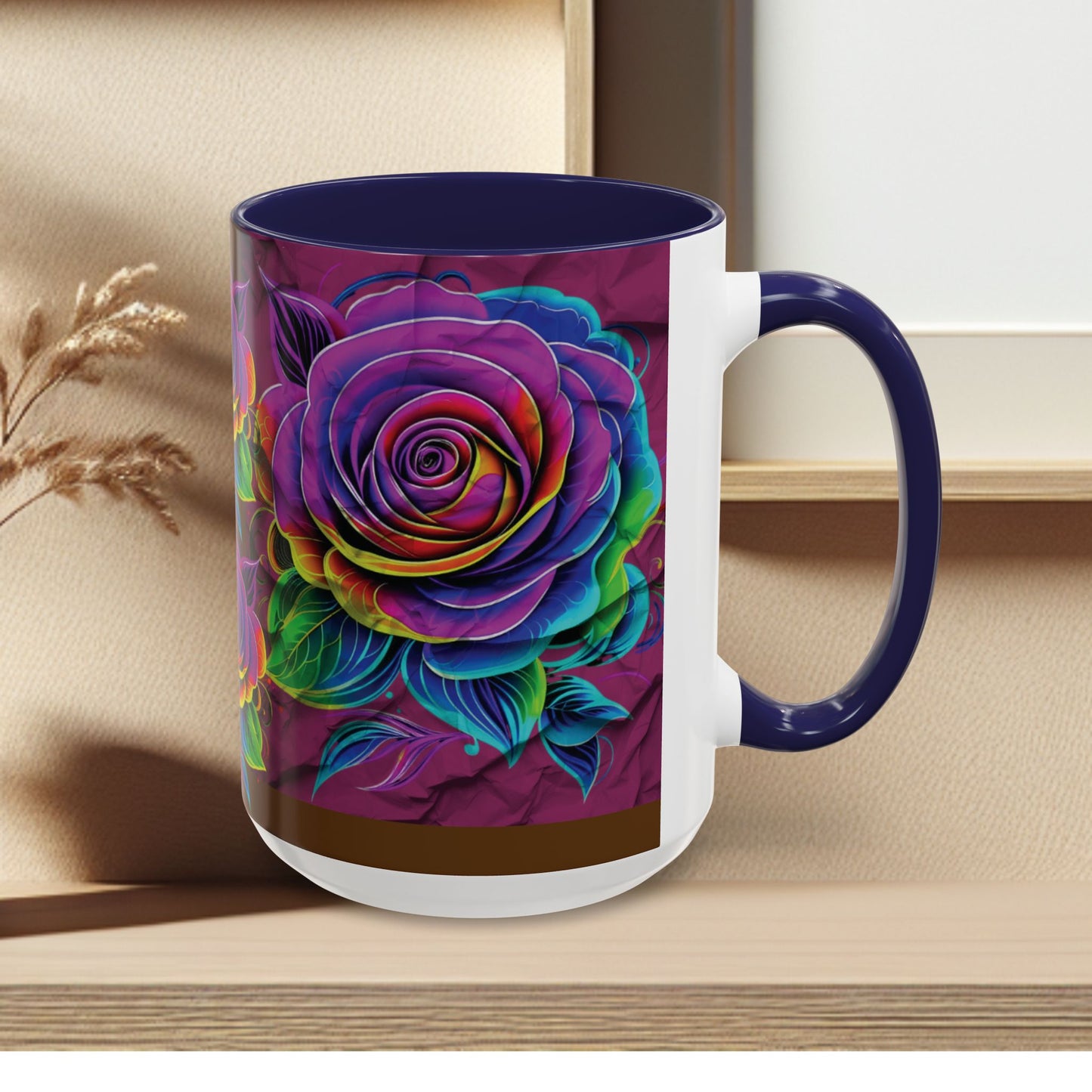 Rainbow Rose Accent Coffee Mug — Colorful Floral 11/15oz