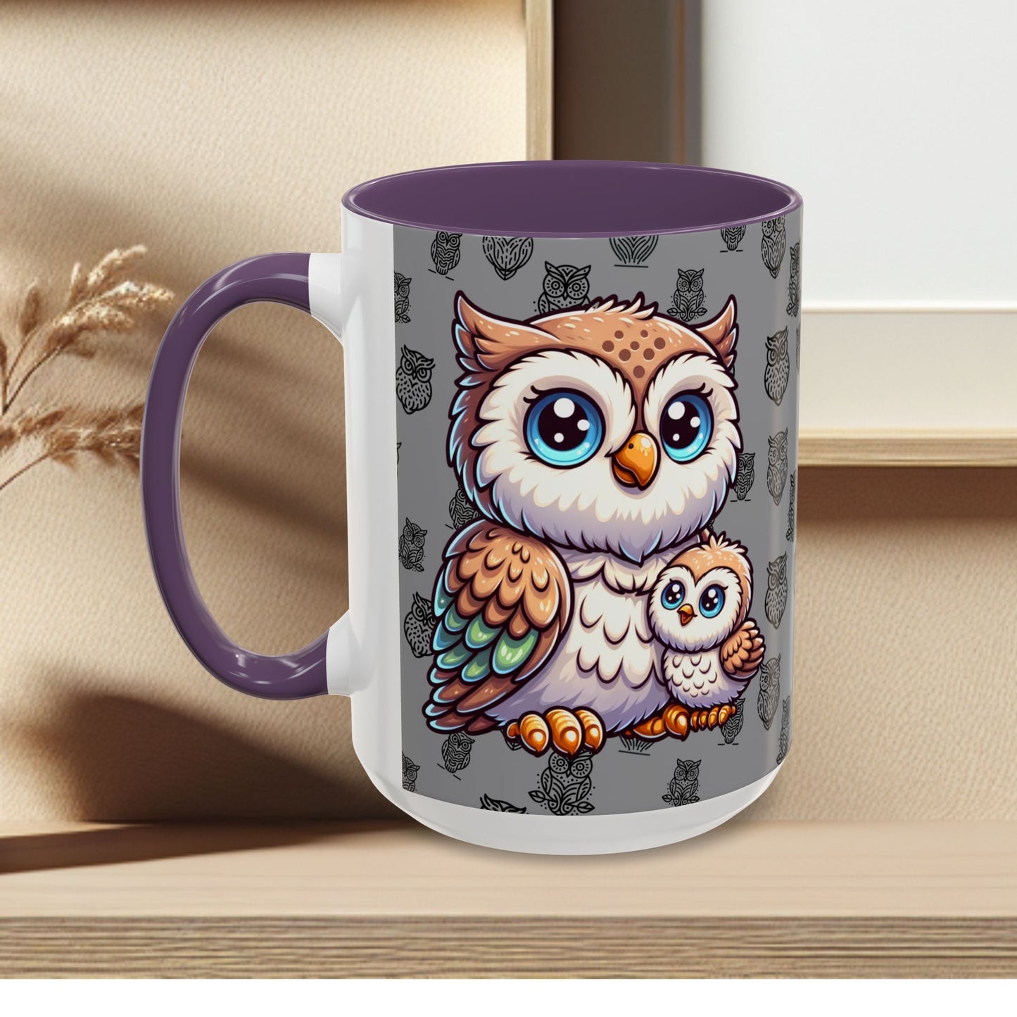 Gray Coffee Mug - Owl Family - Colorful Inspirational Owl Design
