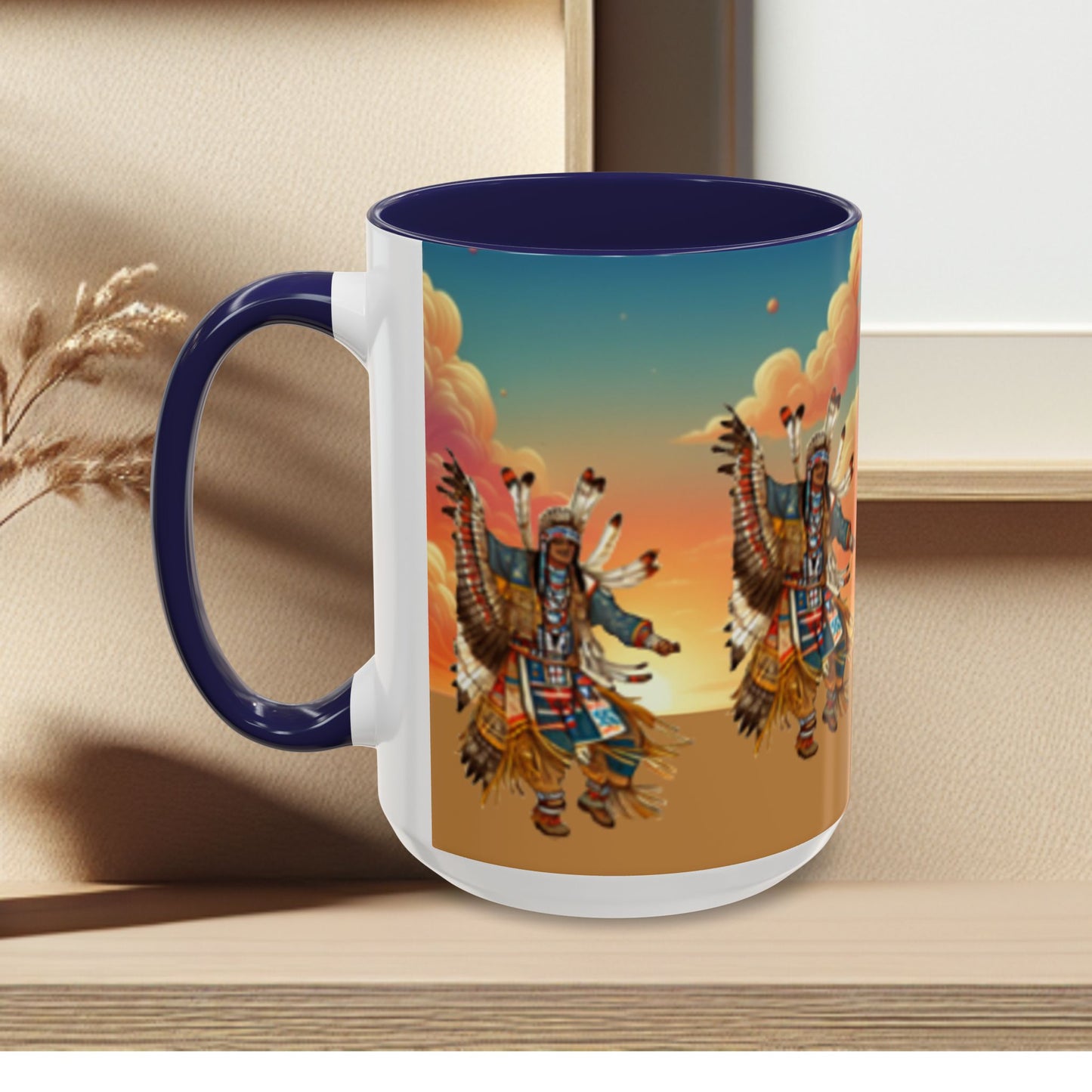 Sunset Powwow Ceramic Mug — Native American Dancer Accent Coffee Mug (11/15oz)