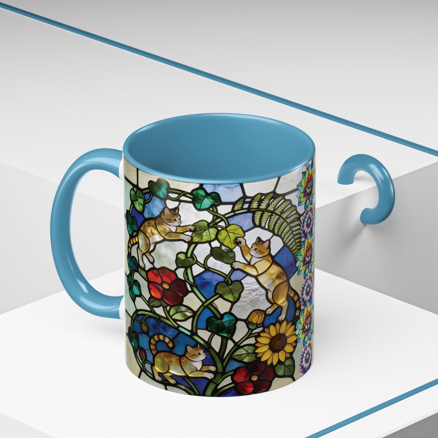 Stained Glass Cats Accent Coffee Mug – Floral Tiffany-Style 11/15oz