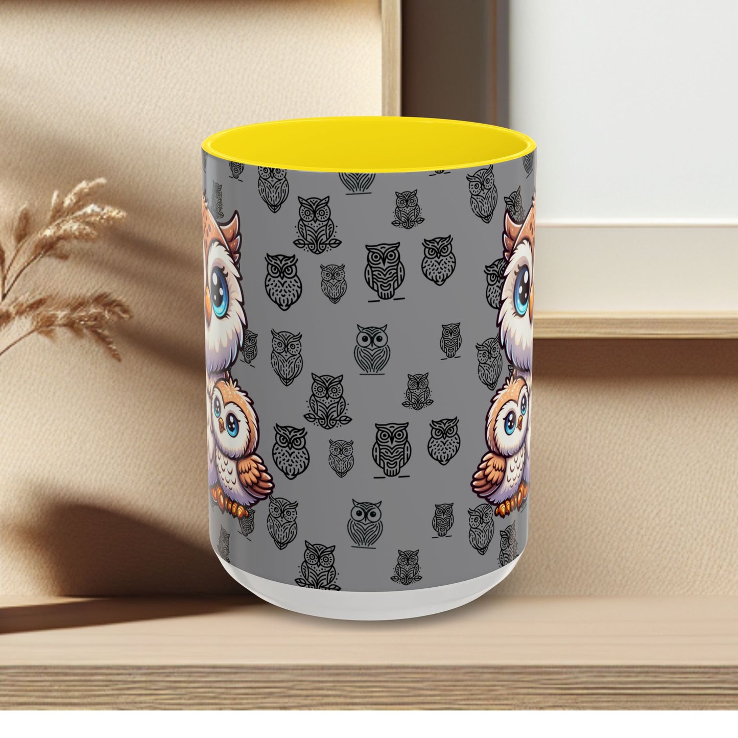 Gray Coffee Mug - Owl Family - Colorful Inspirational Owl Design