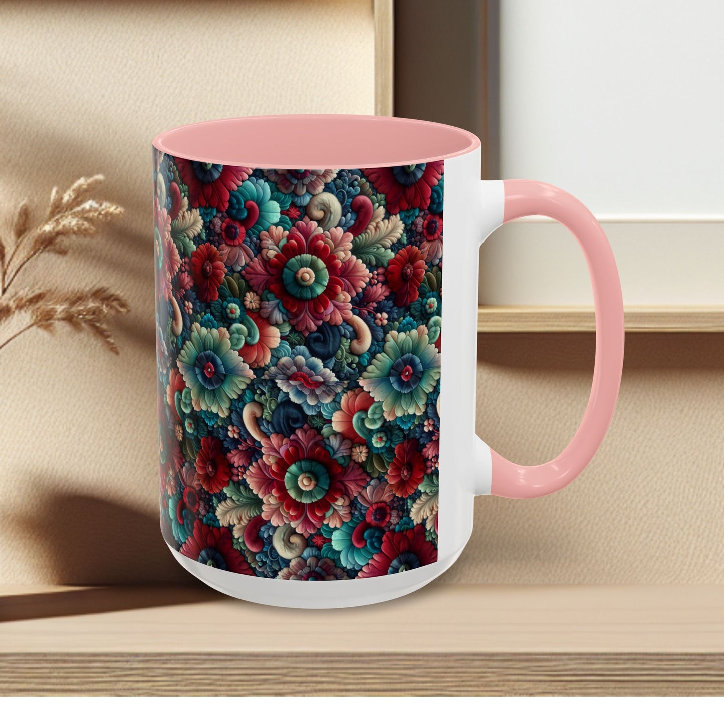 Beautiful Floral Pattern Accent Coffee Mug — Vibrant Vintage Bloom Design (11/15oz)