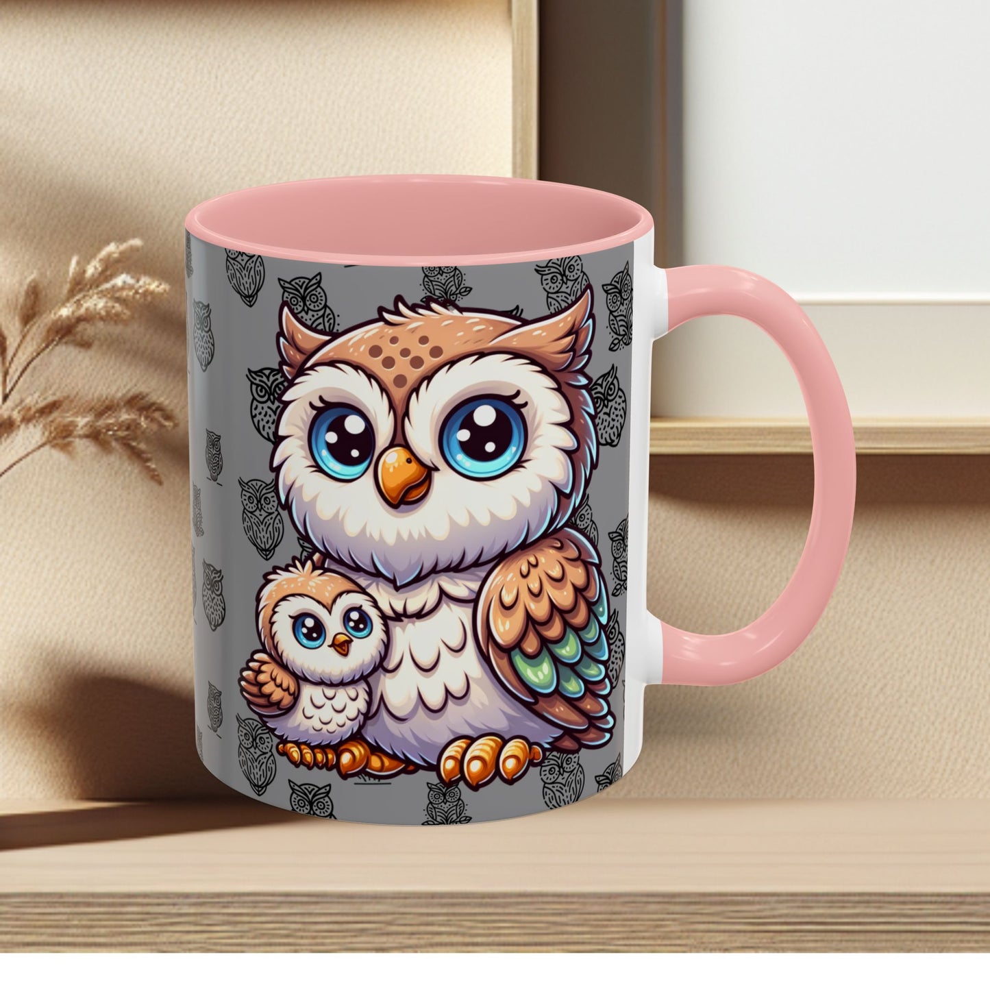 Gray Coffee Mug - Owl Family - Colorful Inspirational Owl Design