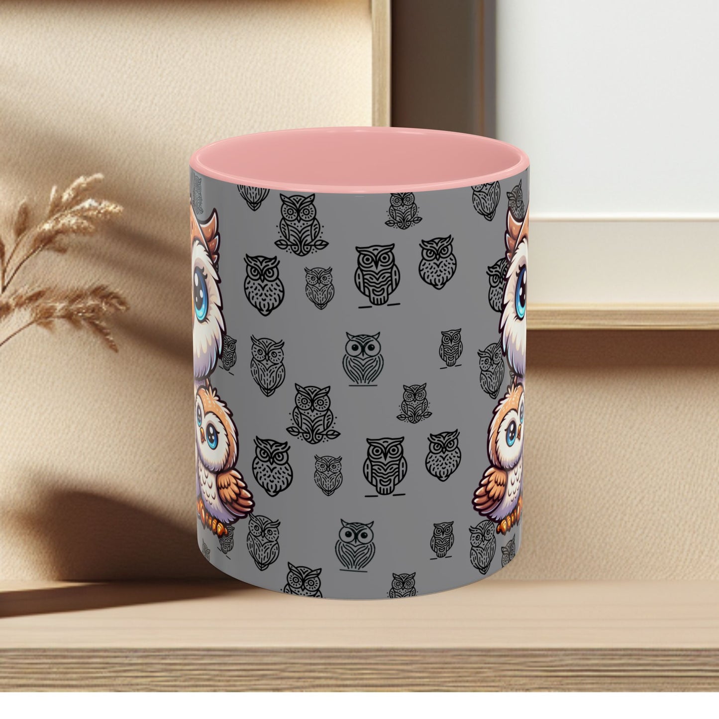 Gray Coffee Mug - Owl Family - Colorful Inspirational Owl Design
