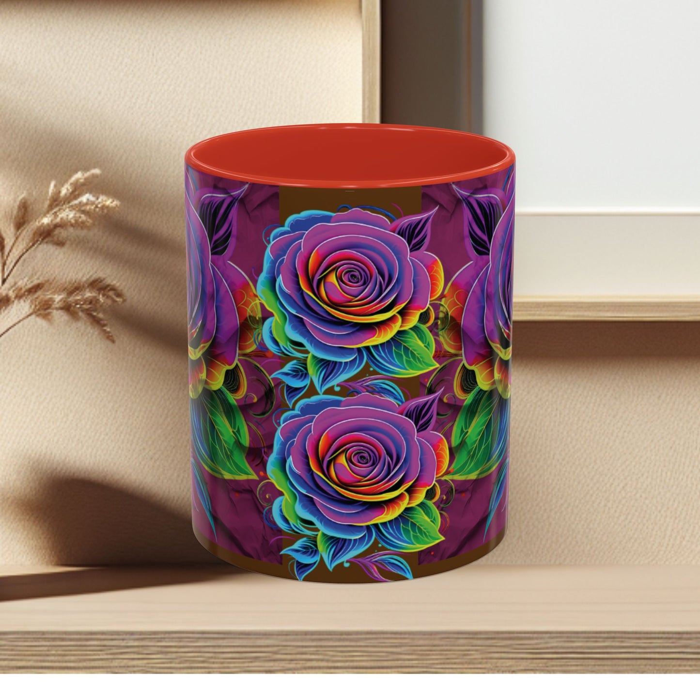 Rainbow Rose Accent Coffee Mug — Colorful Floral 11/15oz
