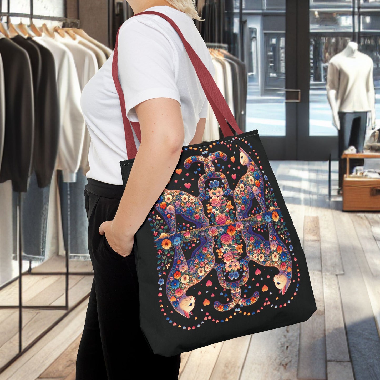 Mosaic Loving Cat Black Tote Bag (AOP)