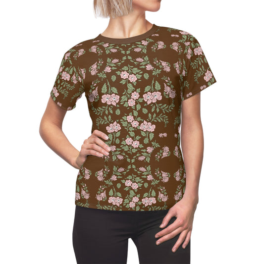 Women's Tee - Brown with a pink floral print