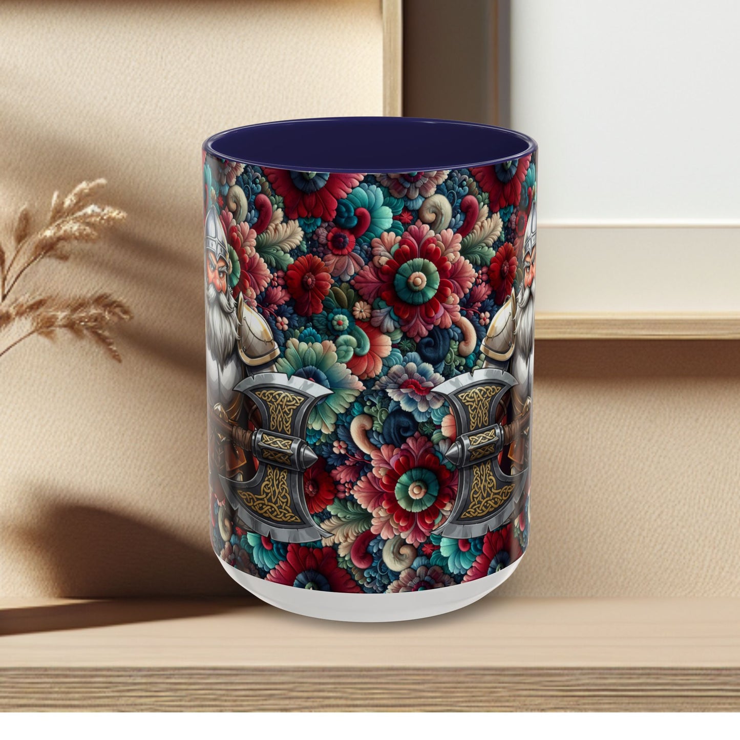 Adventurers Accent Coffee Mug — Dwarf within Armor with a Double-Bladed Battle Axe Design (11/15oz)