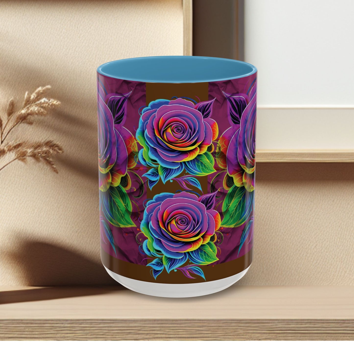 Rainbow Rose Accent Coffee Mug — Colorful Floral 11/15oz