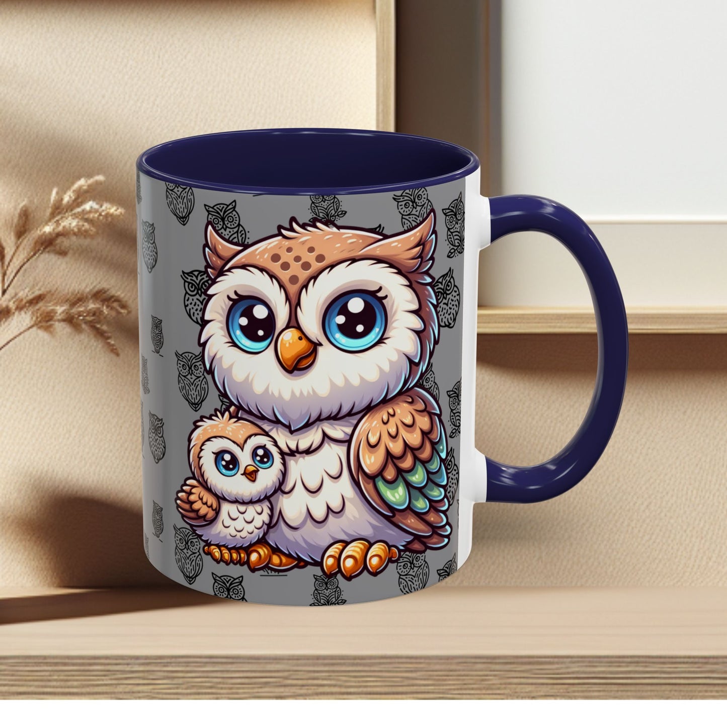 Gray Coffee Mug - Owl Family - Colorful Inspirational Owl Design