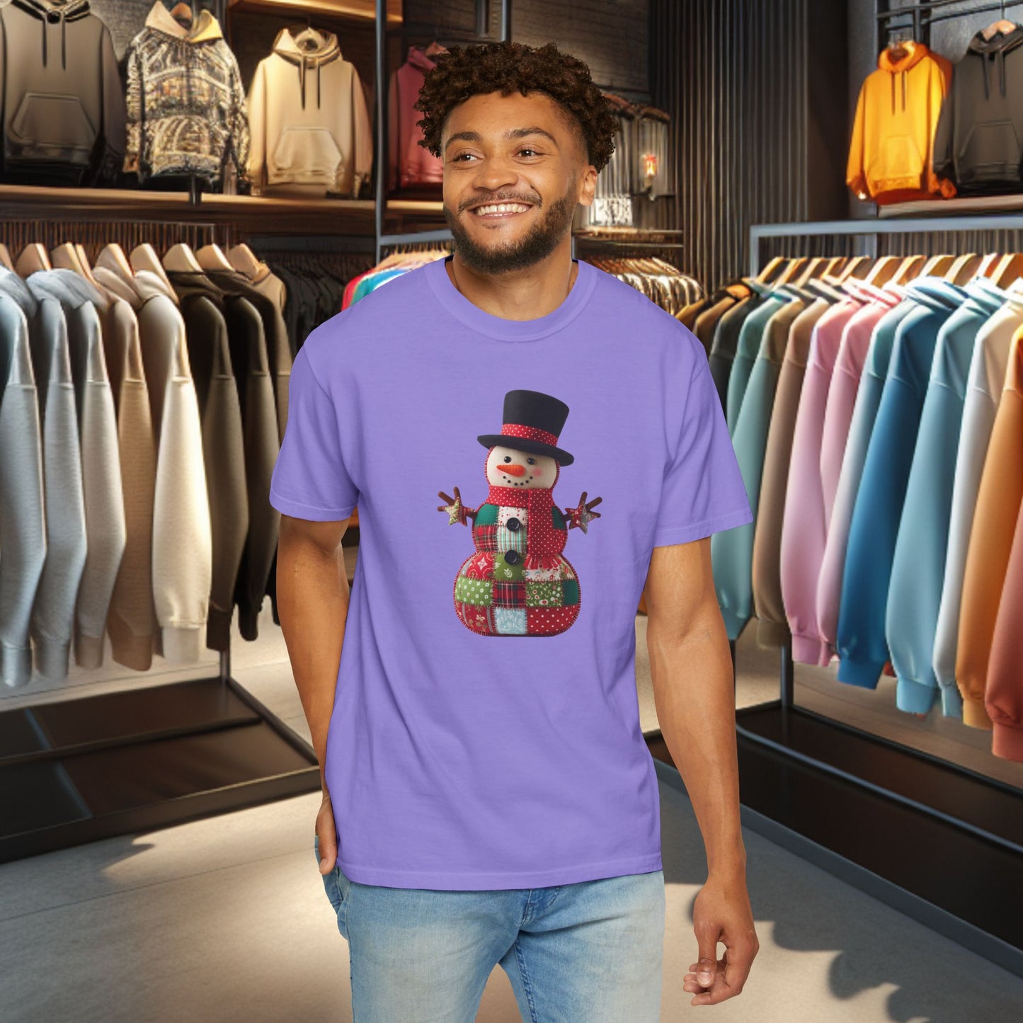 Patchwork Snowman T-Shirt — "Faux Patchwork" Garment-Dyed