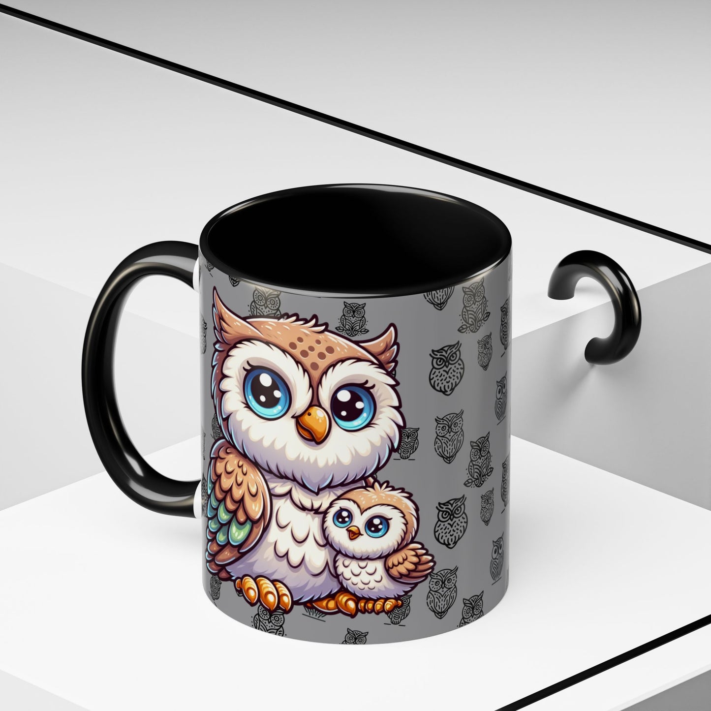 Gray Coffee Mug - Owl Family - Colorful Inspirational Owl Design