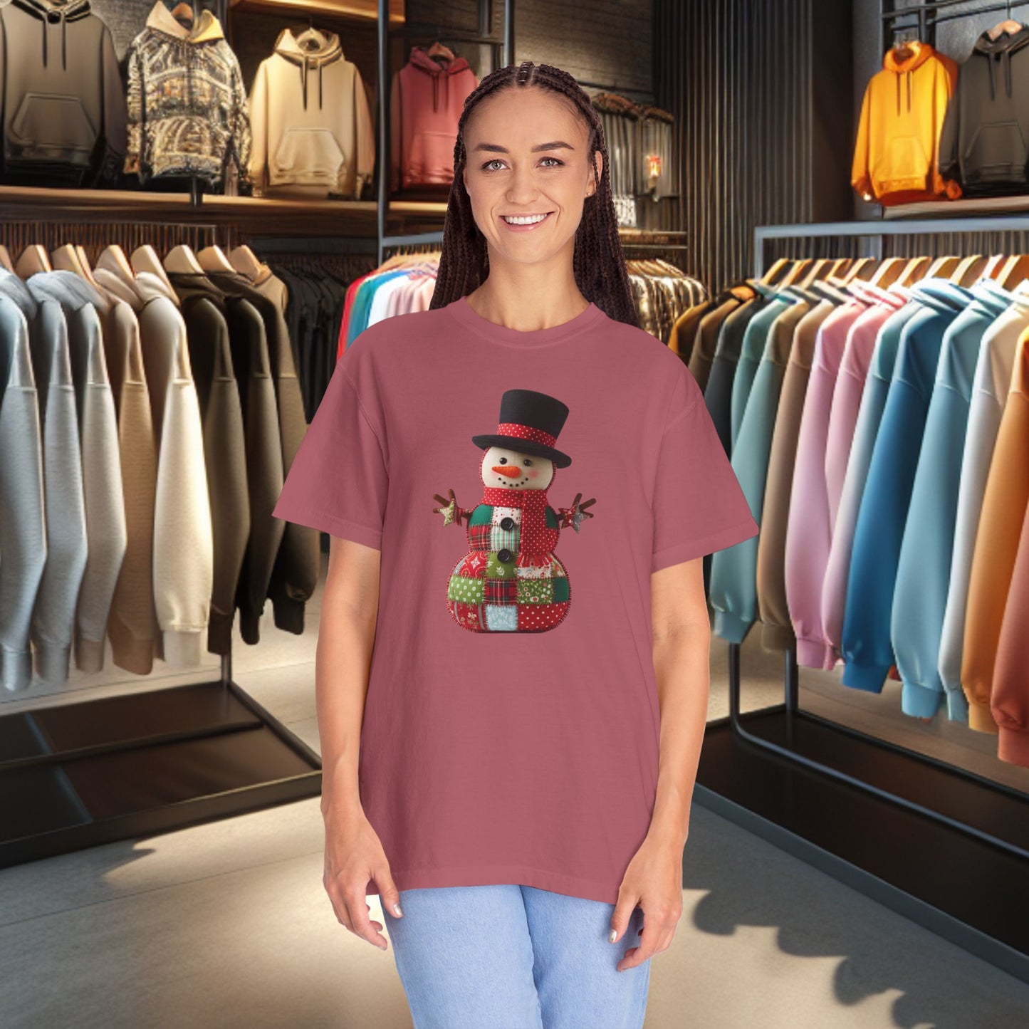 Patchwork Snowman T-Shirt — "Faux Patchwork" Garment-Dyed