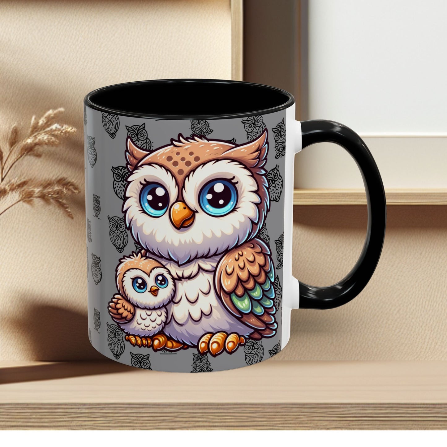 Gray Coffee Mug - Owl Family - Colorful Inspirational Owl Design