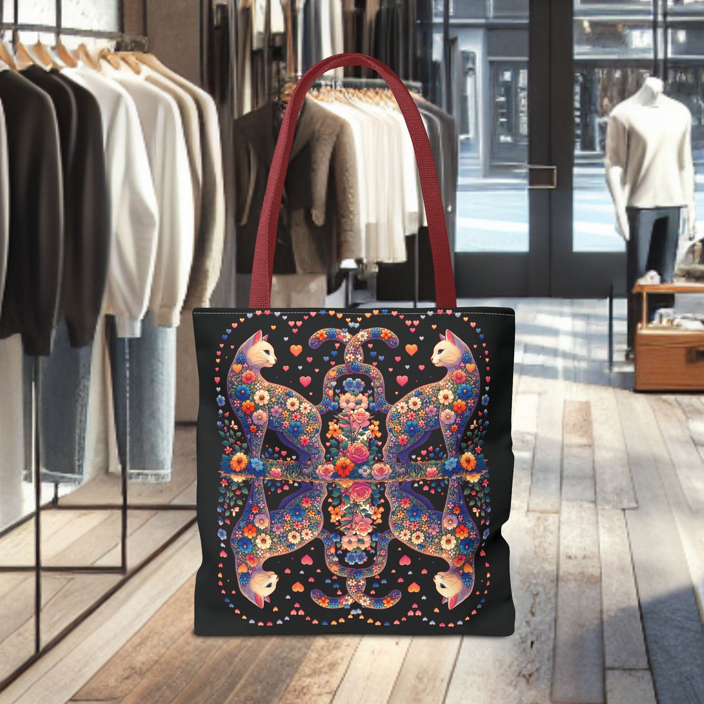 Mosaic Loving Cat Black Tote Bag (AOP)