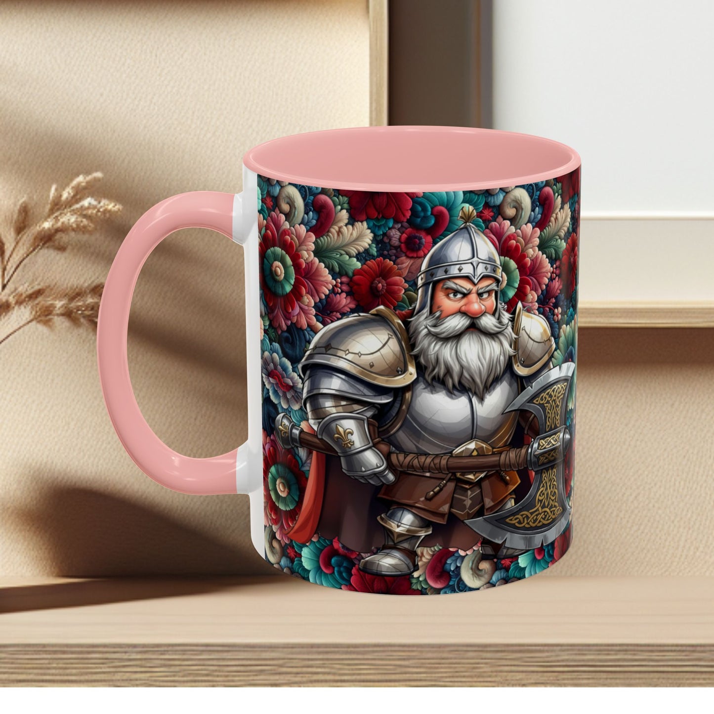 Adventurers Accent Coffee Mug — Dwarf within Armor with a Double-Bladed Battle Axe Design (11/15oz)