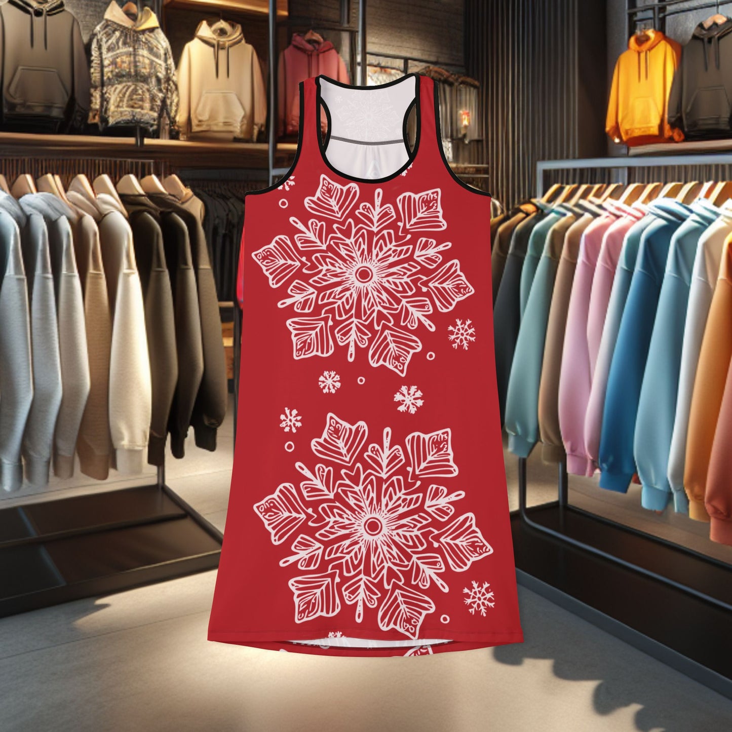 Racerback Dress — Festive Red Snowflake All-Over Print