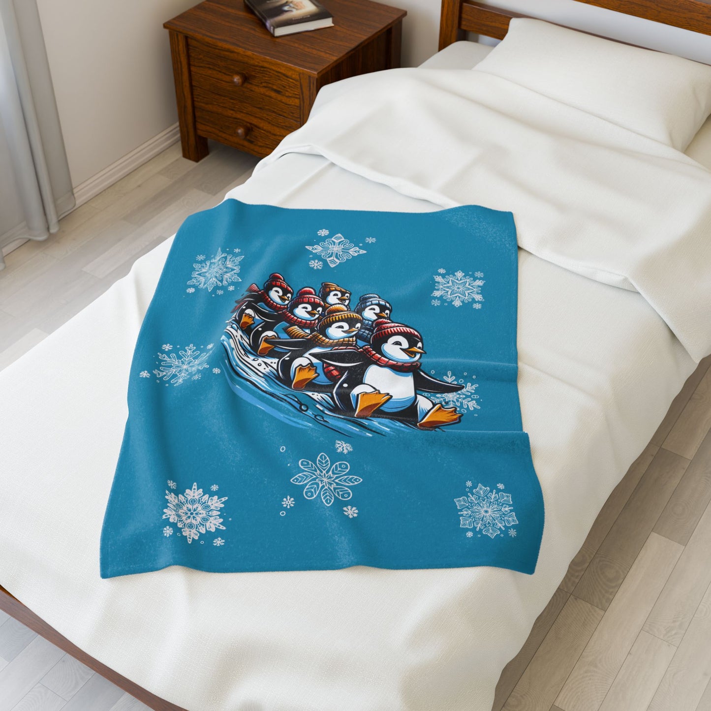 Sledding Penguins - Velveteen Plush Blanket